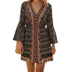 MIIN Bohemian Paisley Floral Bell Sleeve Open Tie Back Mini Dress EUC Size S